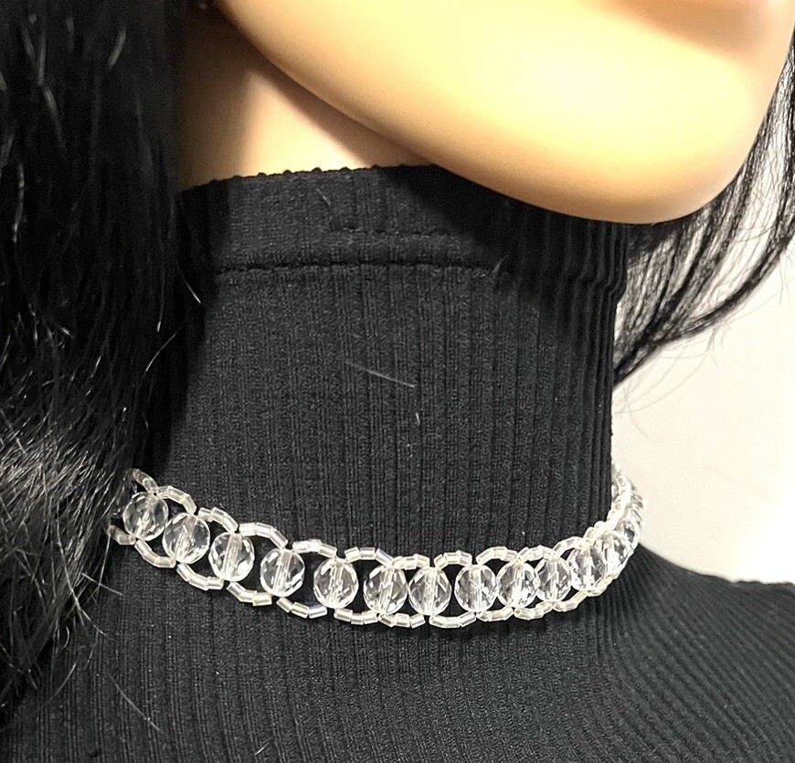 Elo7 Clear Crochet Crystal Choker Necklace 13”
