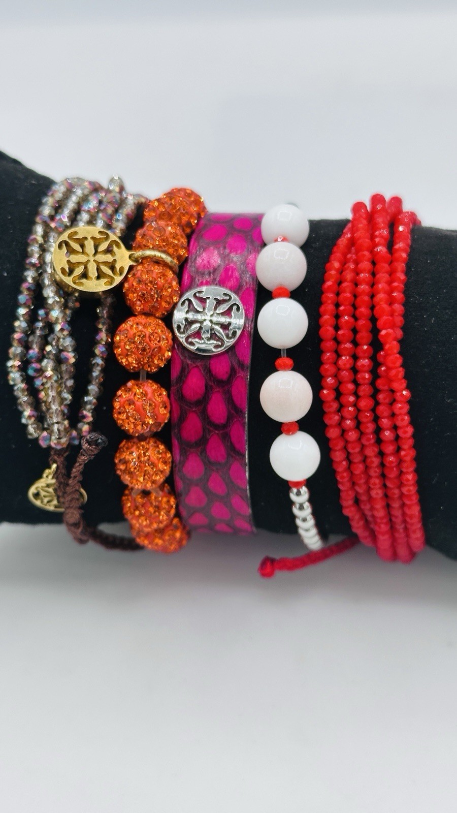 Rustic Cuff Pink Leather Bracelet Stack 5 Pc Orange Pave Crystal Red Beaded Set