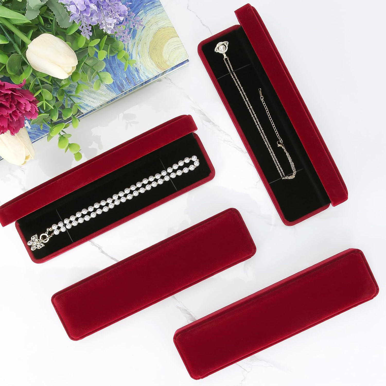 4 Pieces Velvet Bracelet Necklace Pendant Jewelry Box, Small Long Jewelry