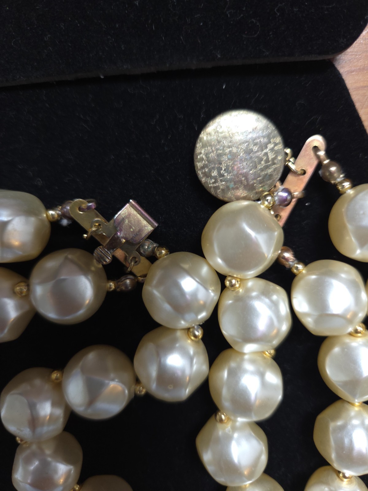 Vintage 1950s 3-Strand Faceted Faux Pearl Collar Necklace, Ornate Filigree Clasp