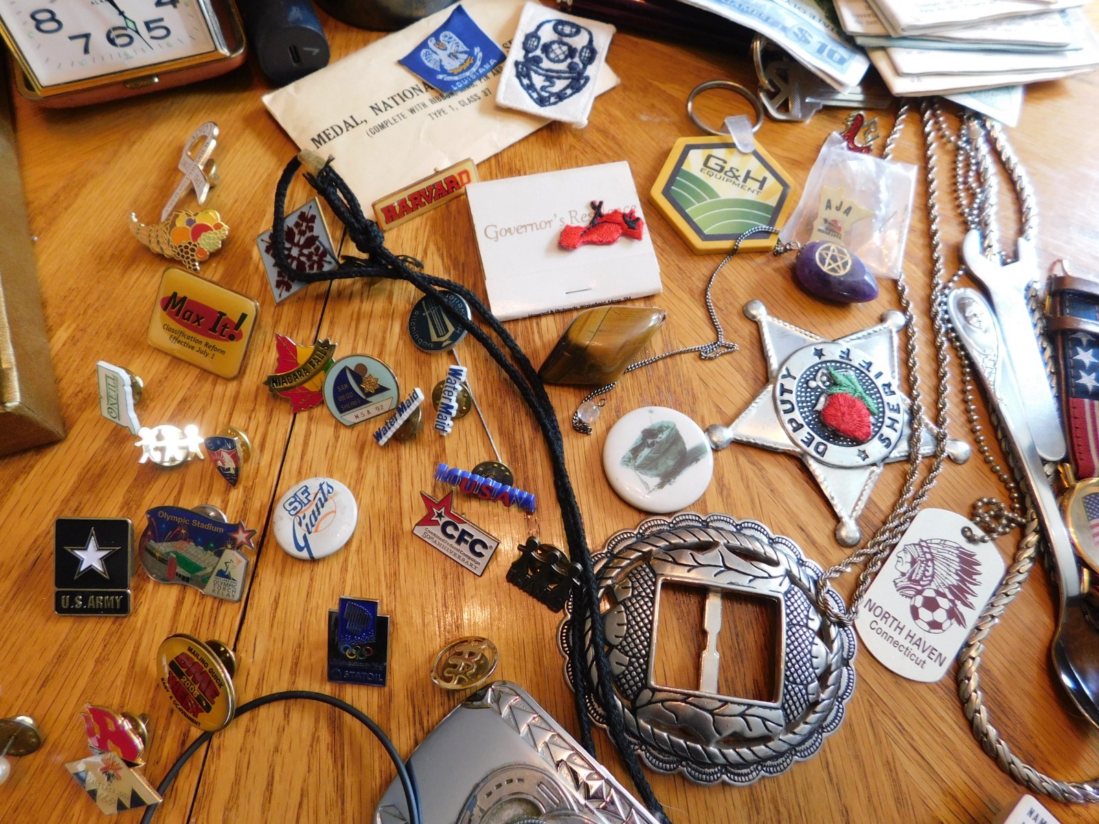JEWELRY BOX LOT Mens Pins Necklaces Bracelets Chains Coins Watches Coins Tokens