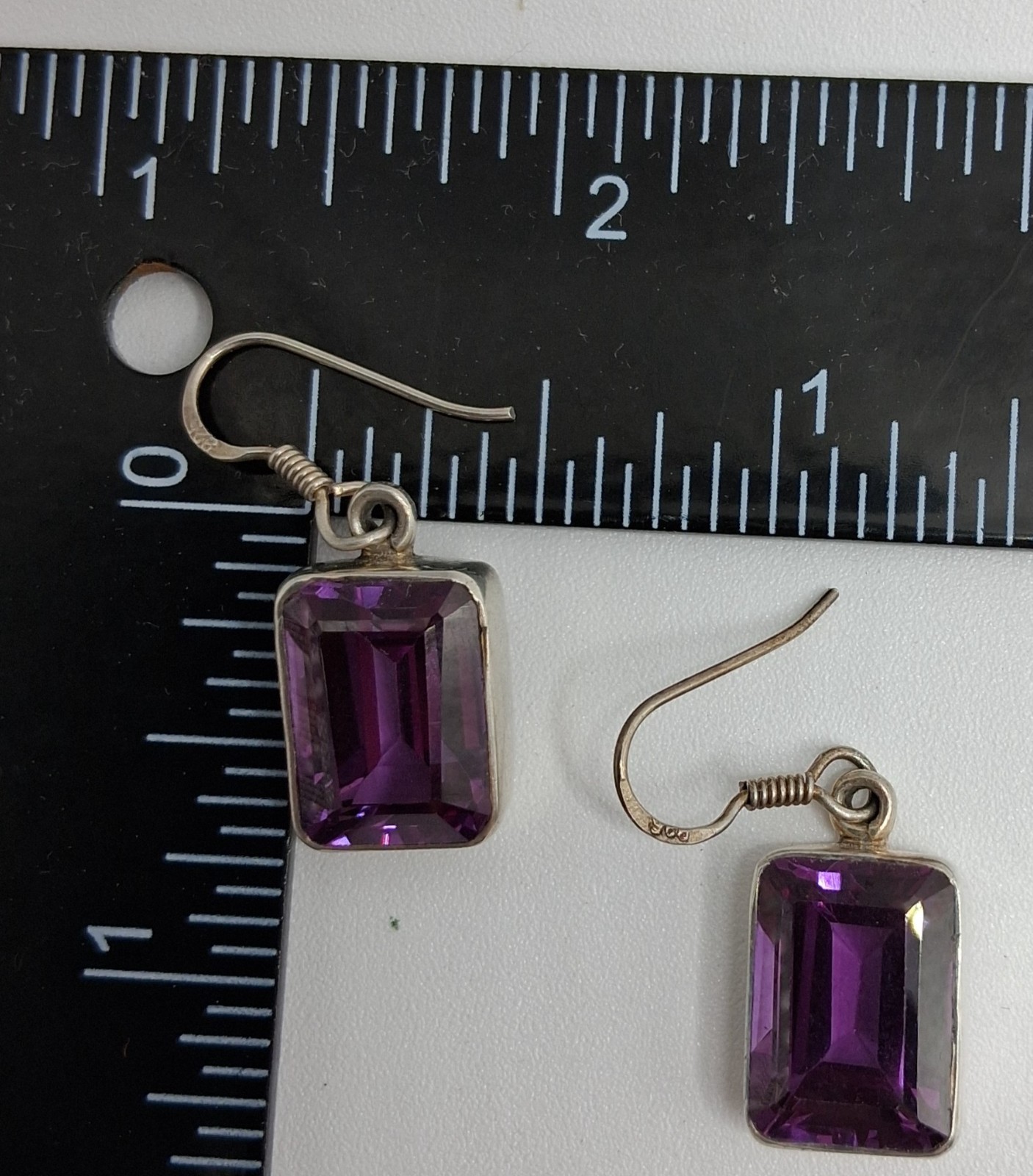 Vintage Pair Sterling Silver Lab Amethyst Drop Earrings 14mm x 9.7mm Stones