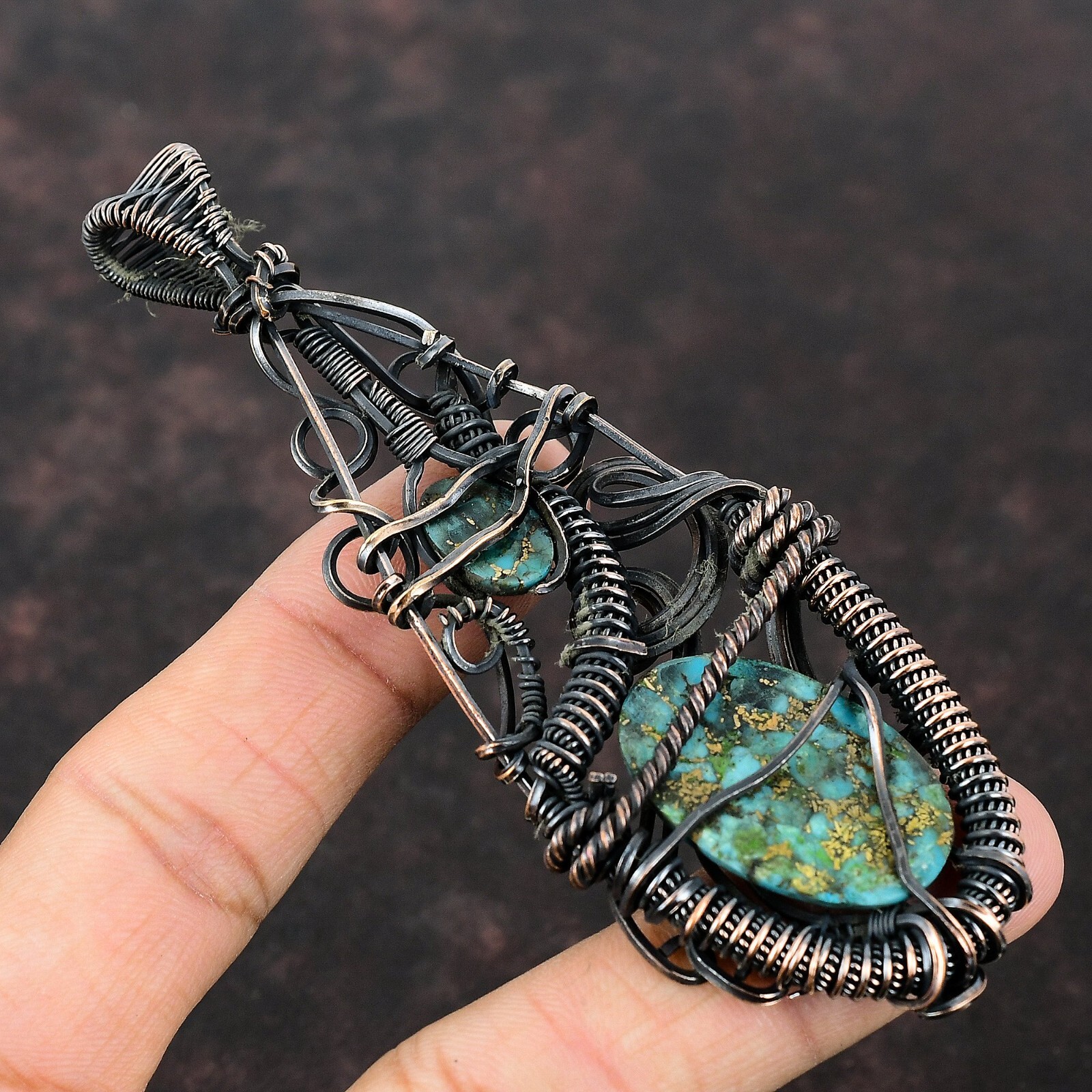 Gift For Women Jewelry Wire Wrapped Pendant Copper Blue Turquoise Gemstone 4.17″