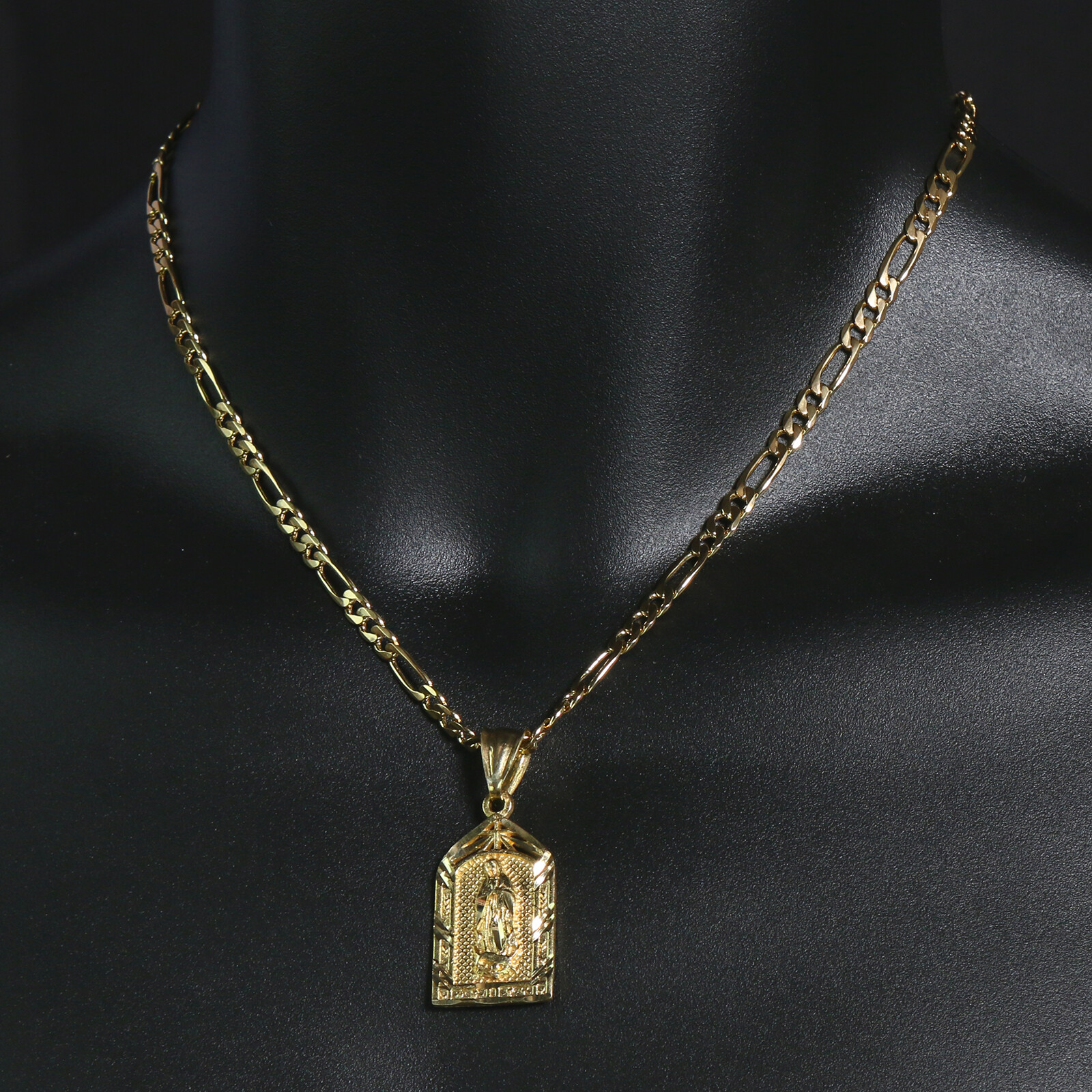 Virgin Mary Temple 14k Gold Plated Brass Pendant 24″ Figaro Choker Chain