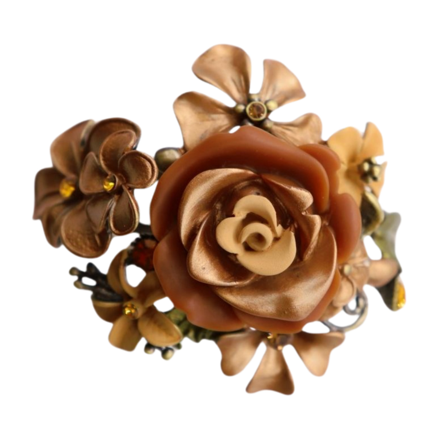Women Antique Gold Metal Beige Brown Rose Flowers Cuff Bracelet Fashion Jewelry