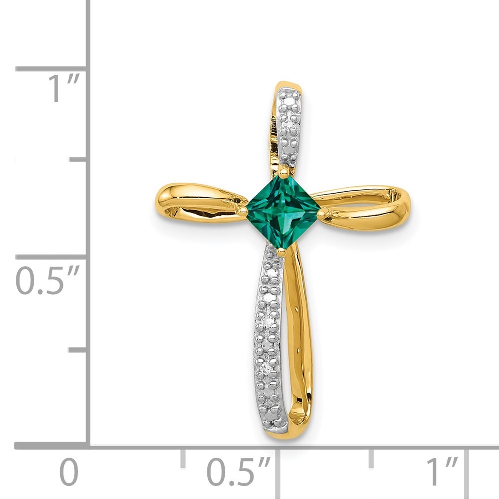14k Yellow Gold and White Rhodium 4mm Square Emerald and Diamond Cross Pendant