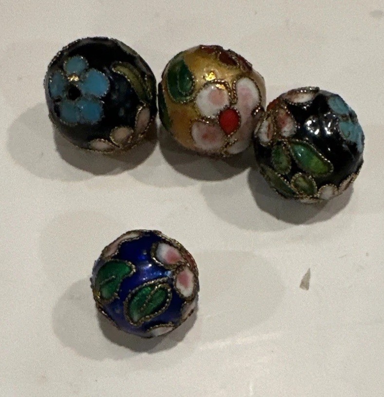 VTG Enamel Cloisonne Bead Lot Of 4 20mm & 10mm Approx. Floral Colorful Beads SEE