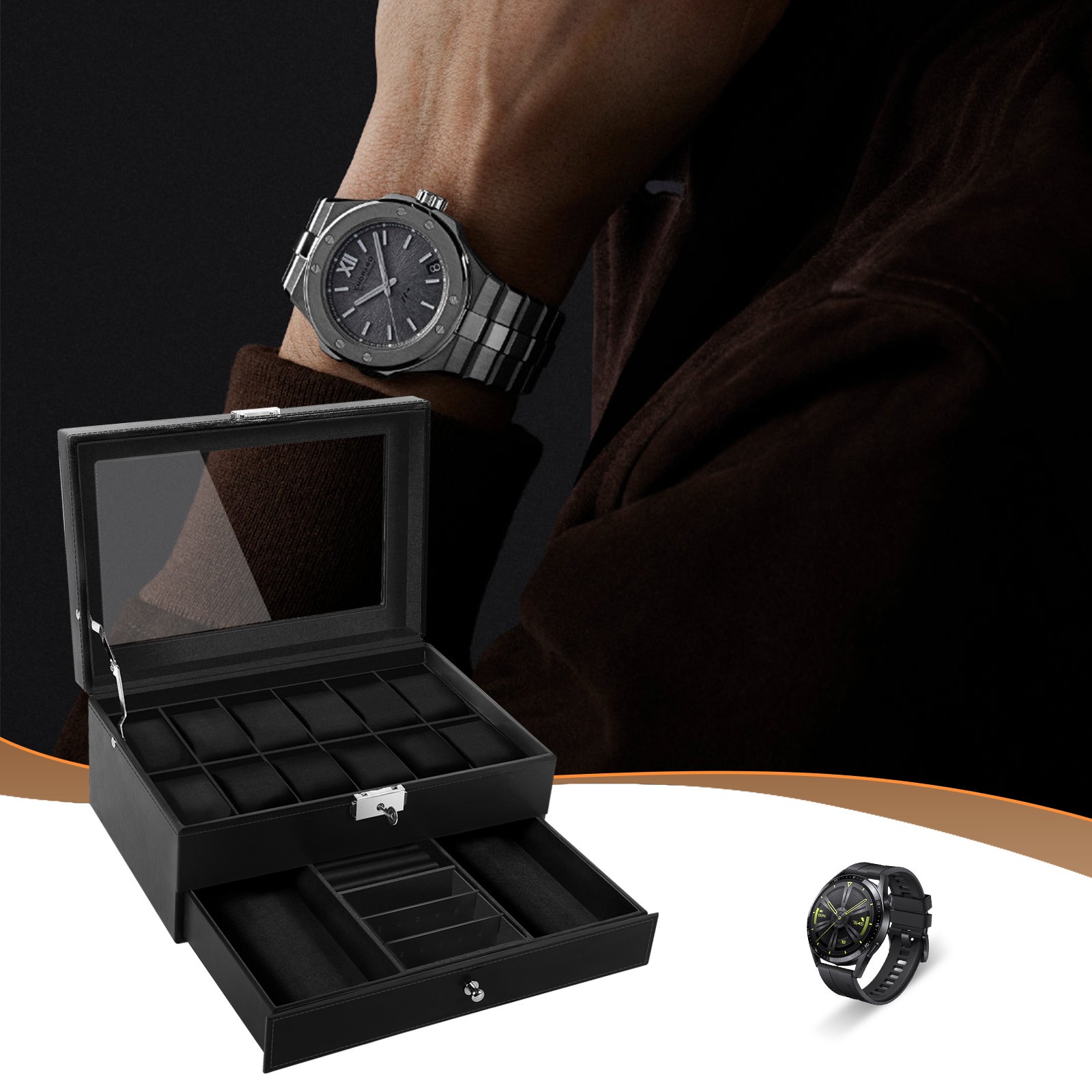 12 Slots Watch Box PU Leather Watch Case Lockable Jewelry Storage Display Case