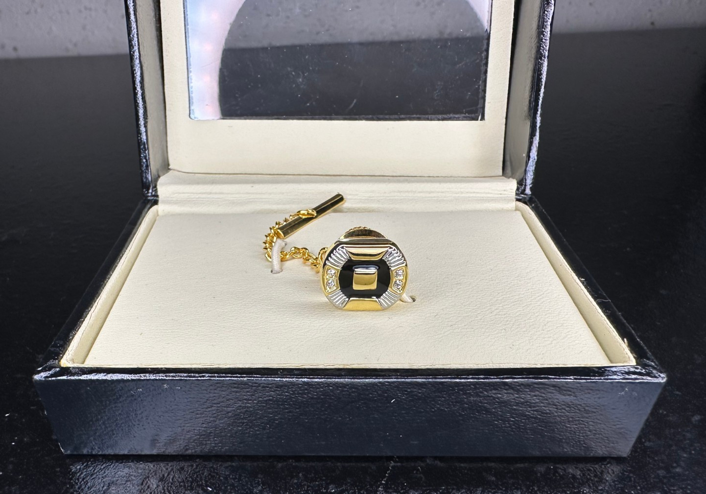 NEW Men’s STAFFORD TIE TACK CHAIN CLIP Black Gold Silver Tone Rhinestone Formal