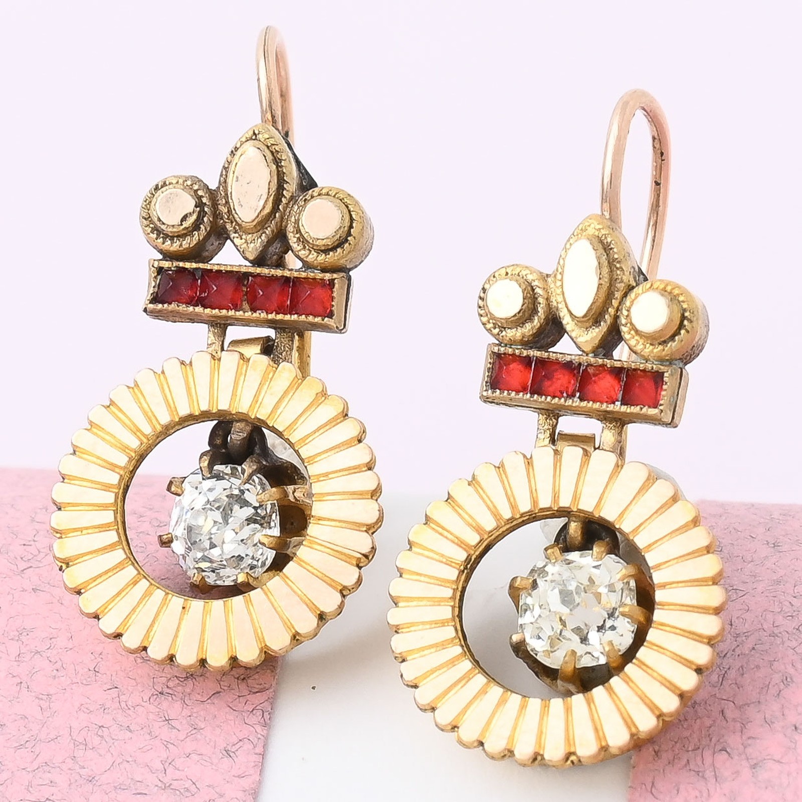 Antique Victorian Etruscan Revival Gold Filled Paste Dangle Drop Earrings