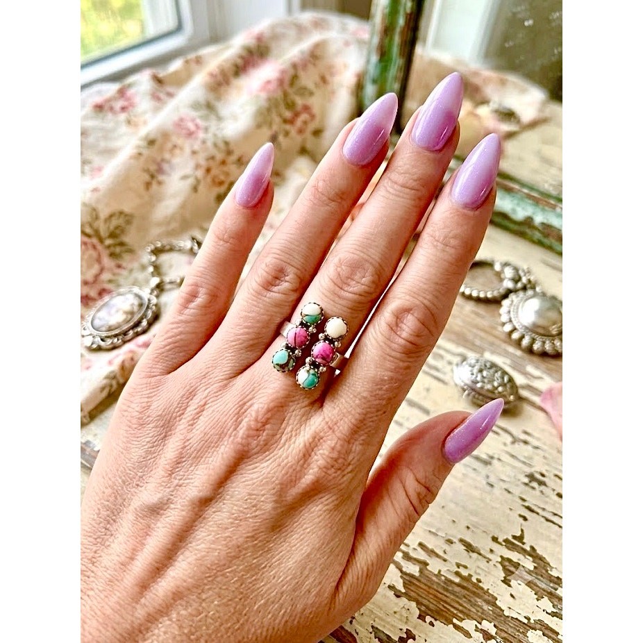 Cotton Candy Turquoise Cluster Rectangle Ring Size 8 Adjustable Sterling