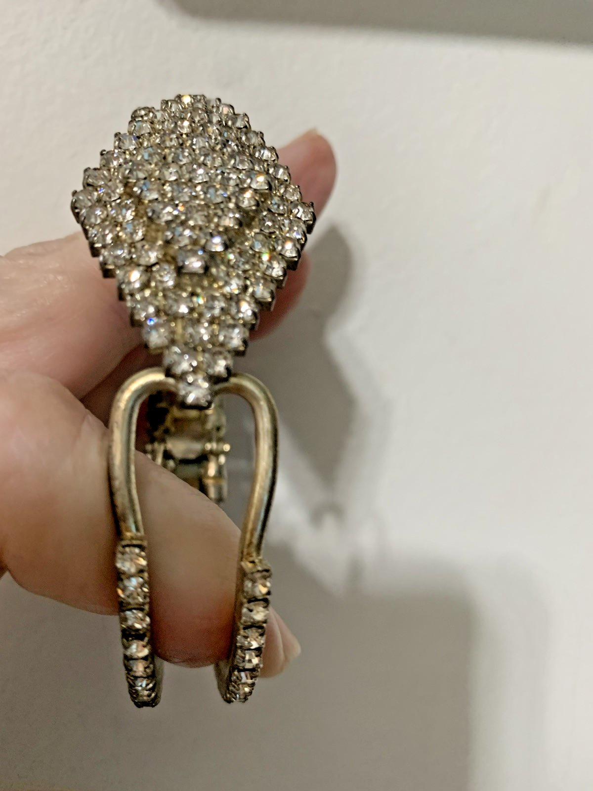 Vintage Encrusted Prong Set Rhinestones,Bangle Bracelet,Silver-tone & Hinged, 8”