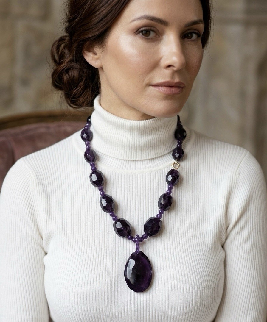 VTG 14K GOLD FILLED MASSIVE AMETHYST BEADED STATEMENT PENDANT NECKLACE 140g 20”