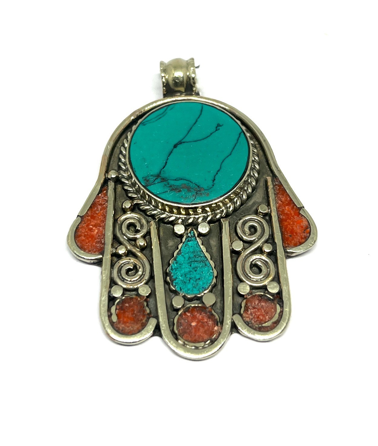Vintage Turquoise Coral Gemstone Tibetan Buddhist Pendant Jewelry, 2.5 inch