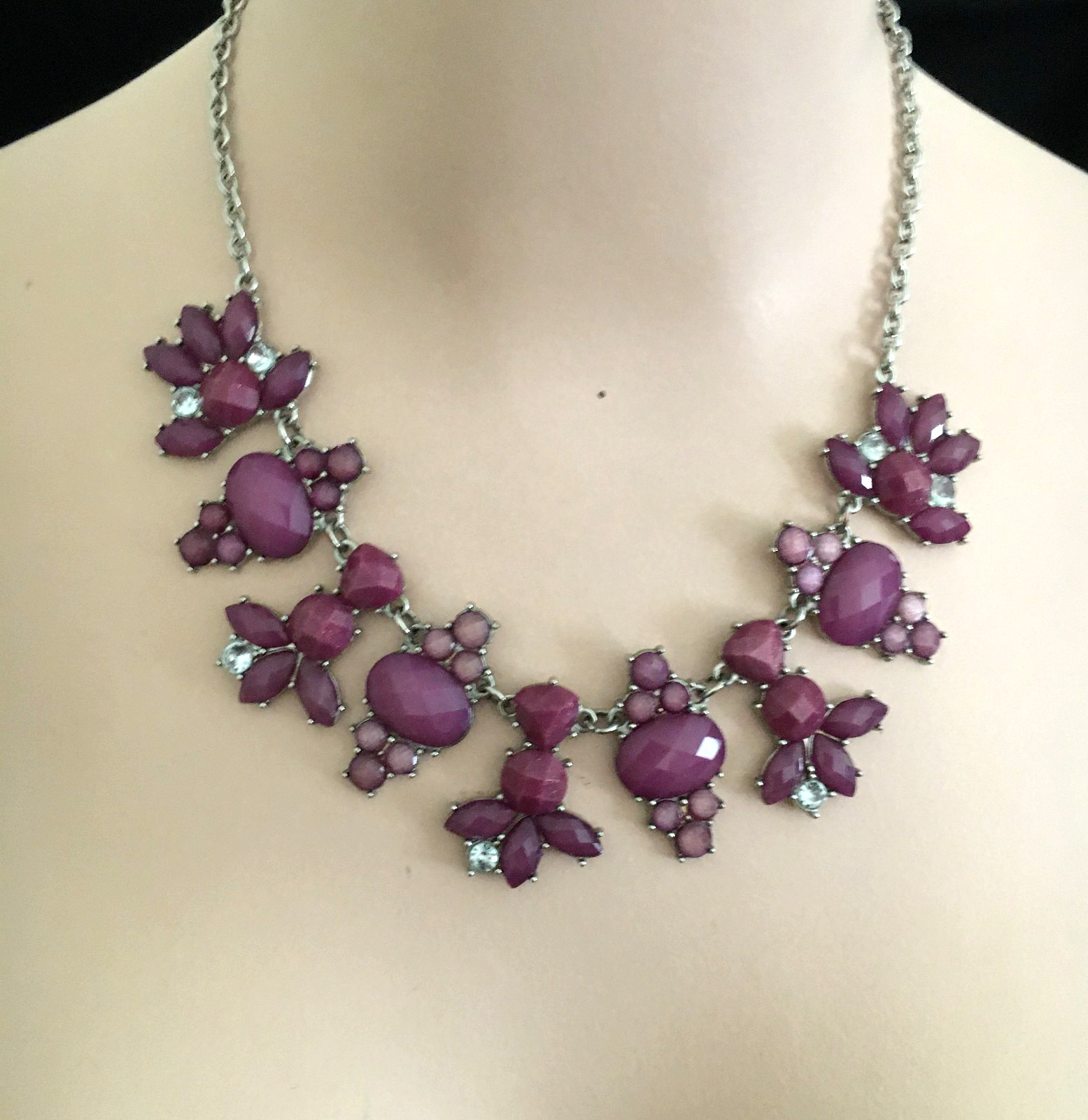 Vintage Chunky Collar Necklace Purple Rhinestones Y2K 90s Bib Statement 17″
