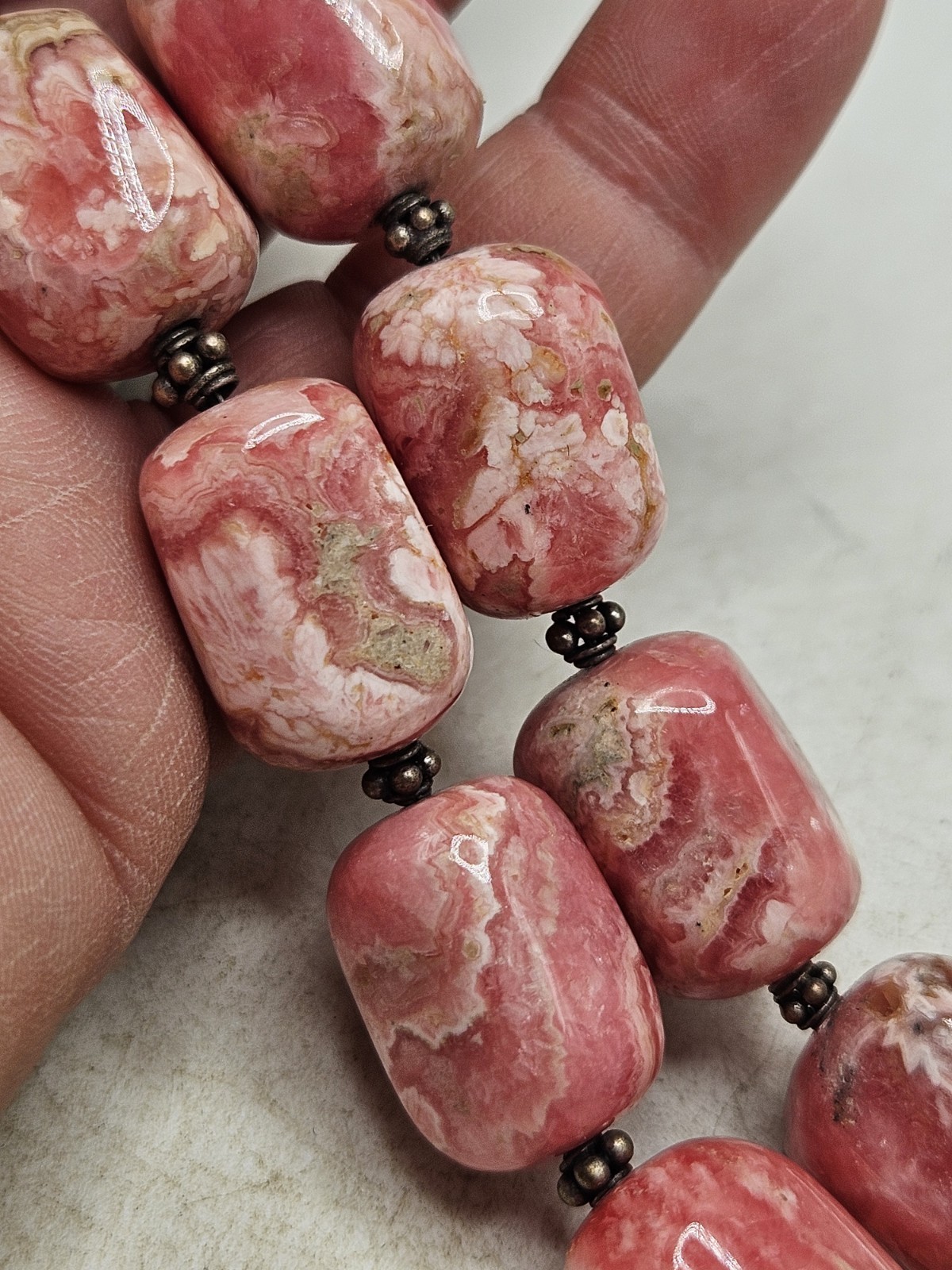 Hand Crafted Rhodochrosite Chunky Beaded Statement Necklace W/ Sterling…