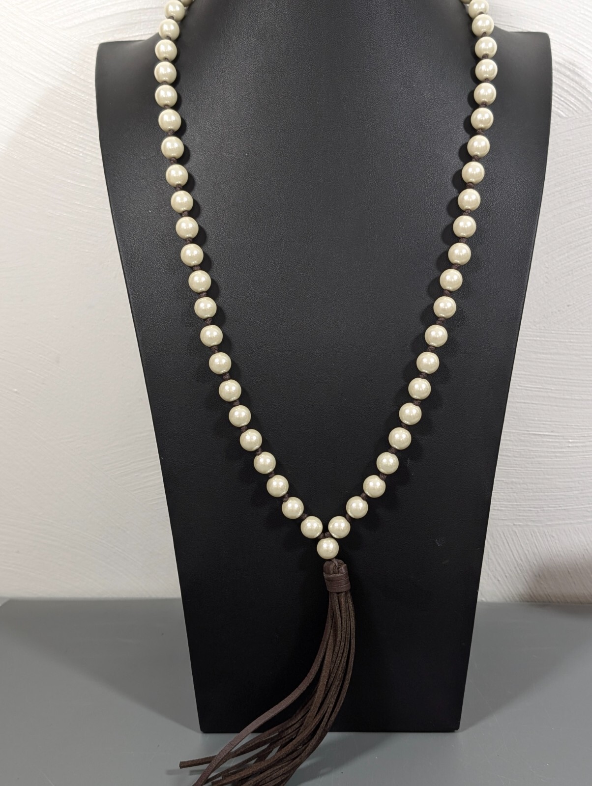 Retro Boho Ivory Color Glass Faux Pearl Brown Tassel Layering Necklace 33 in
