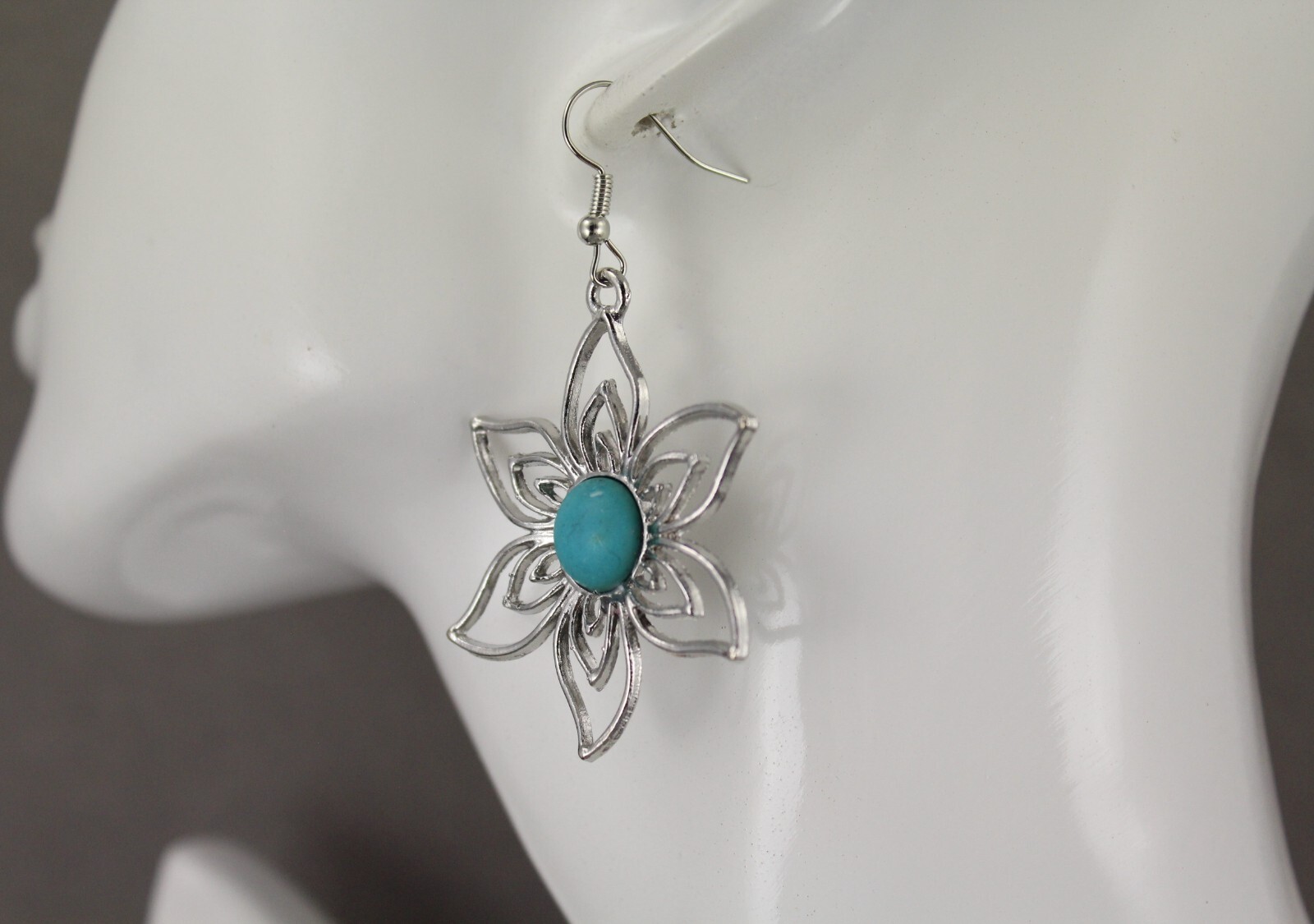 turquoise silver earrings lightweight flower outline dangle 2 3/8 long stamped