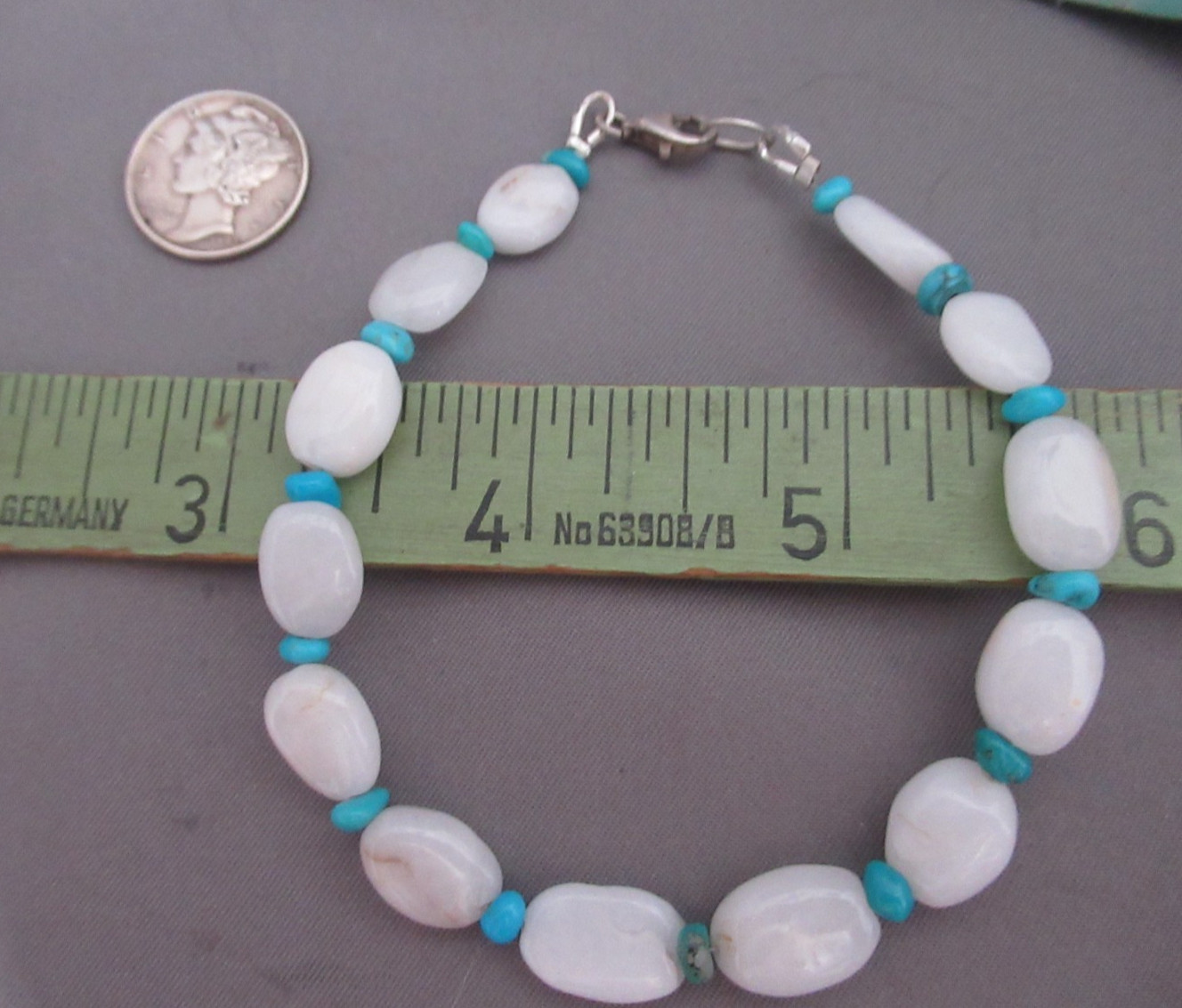 MILK GLASS BEADS & SLEEPING BEAUTY TURQUOISE 8″ BRACELET .925 LOBSTER #754