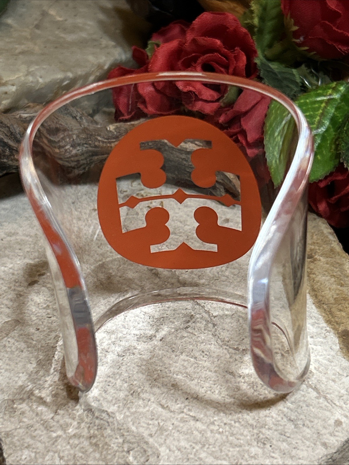 30. TORY BURCH White Clear Lucite Orange Logo Wide Cuff Bracelet 6 1/2″, 39.3g