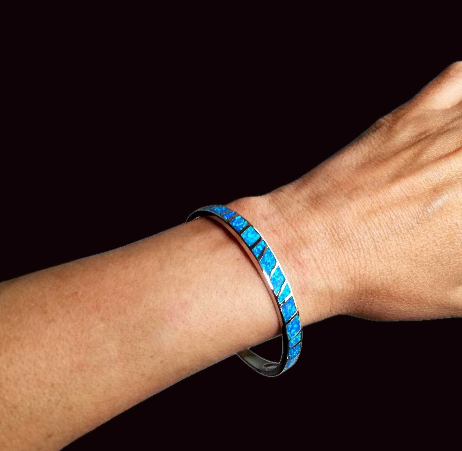 Blue Opal Bracelet Fire Opal Bangle Stainless Steel Silver Bigsam Opal Hoop