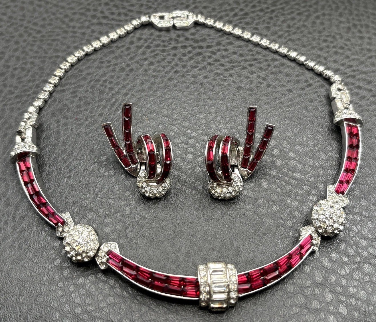 Vintage Boucher 3227 Red Baguette Rhinestone Necklace Clip On Earring Set