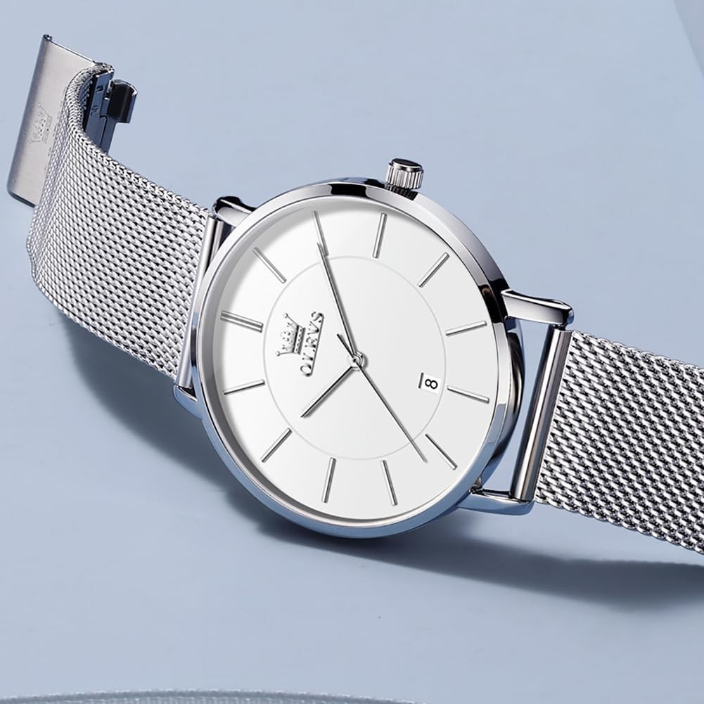 Ultra-Thin Silver Ladies Watch – Stylish Waterproof Mesh Strap with Date Display