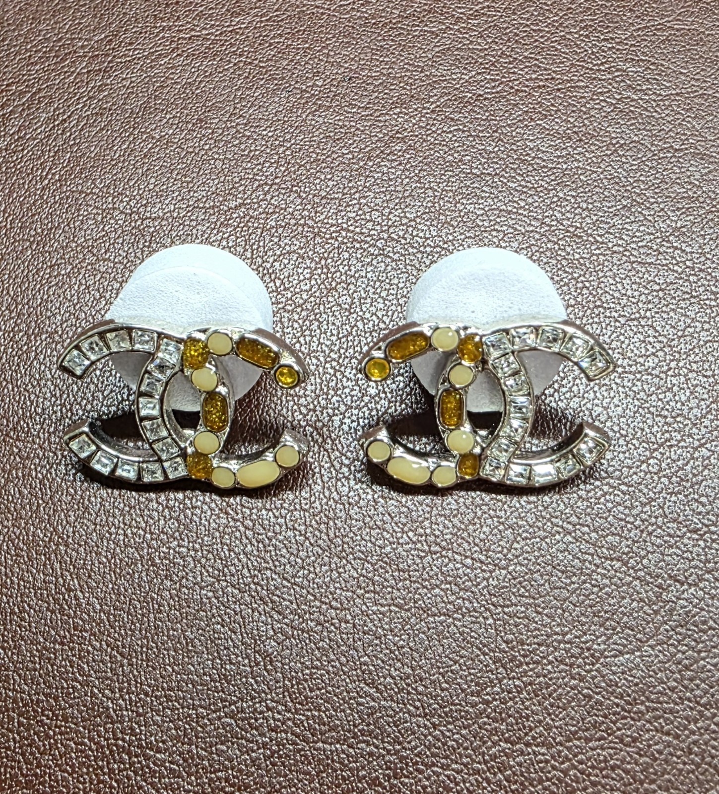 Inspired CC Logo Silver Tone Clear & Yellow Rhinestone Stud Earrings Butterfly