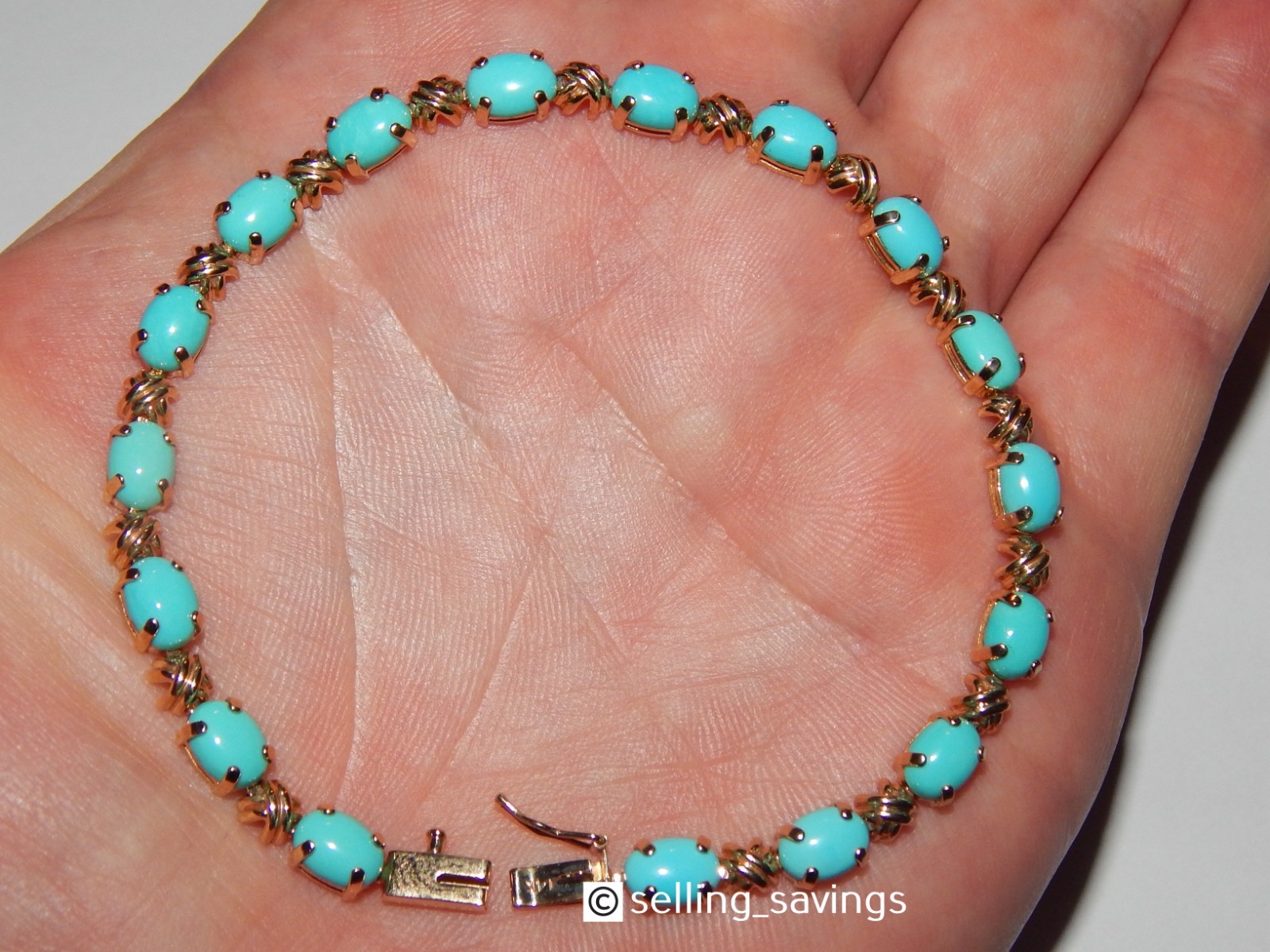 14K YELLOW GOLD TURQUOISE CABOCHON 5MM WIDE TENNIS BRACELET 8 INCHES LONG