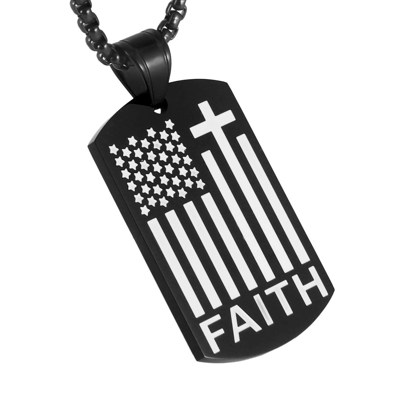 Men American Flag Cross Necklace Patriotic Verse Faith Dog Tag Pendant Chain