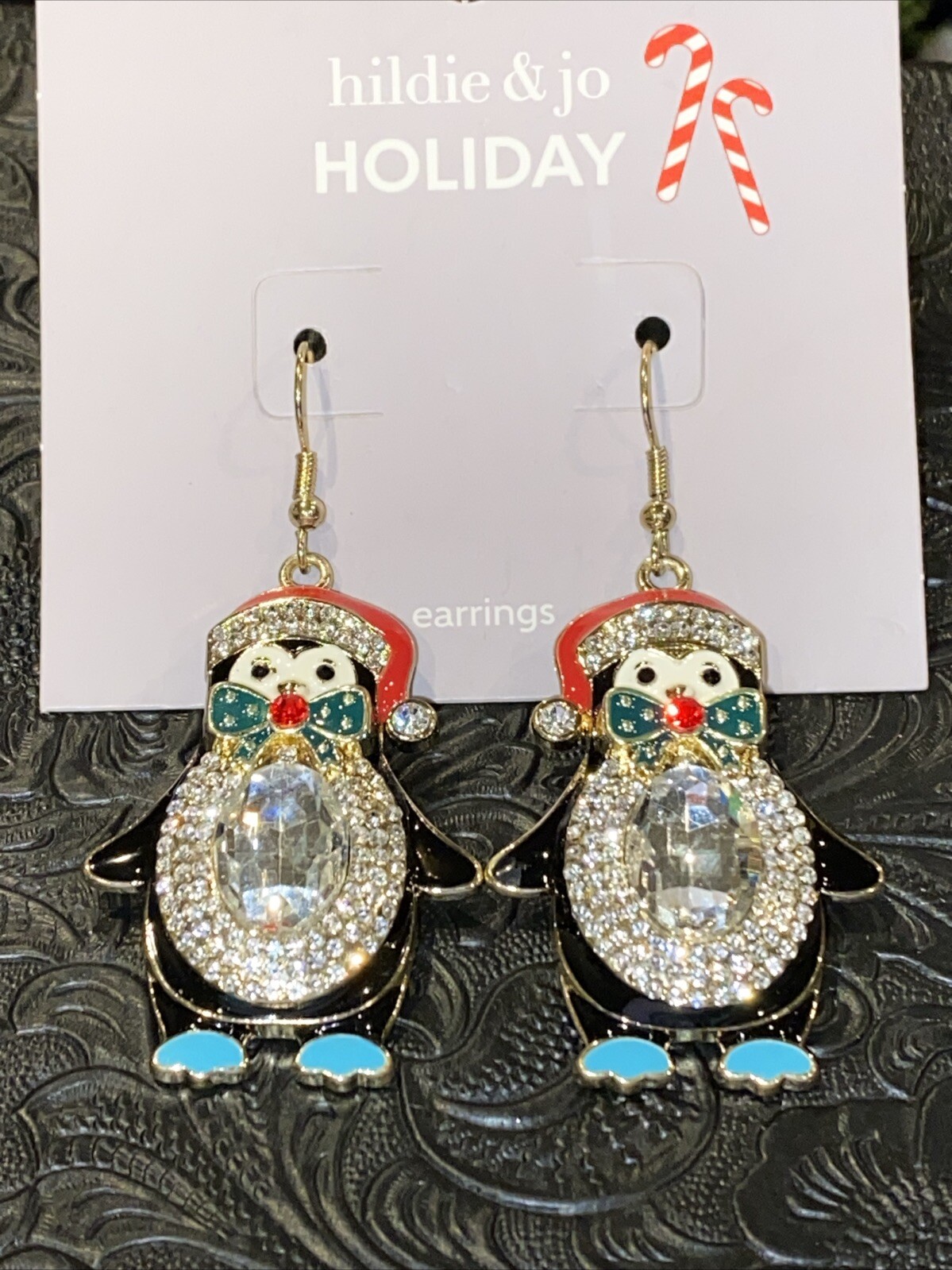 hildie & jo Penguin Earrings Rhinestones French Hook Back Christmas New