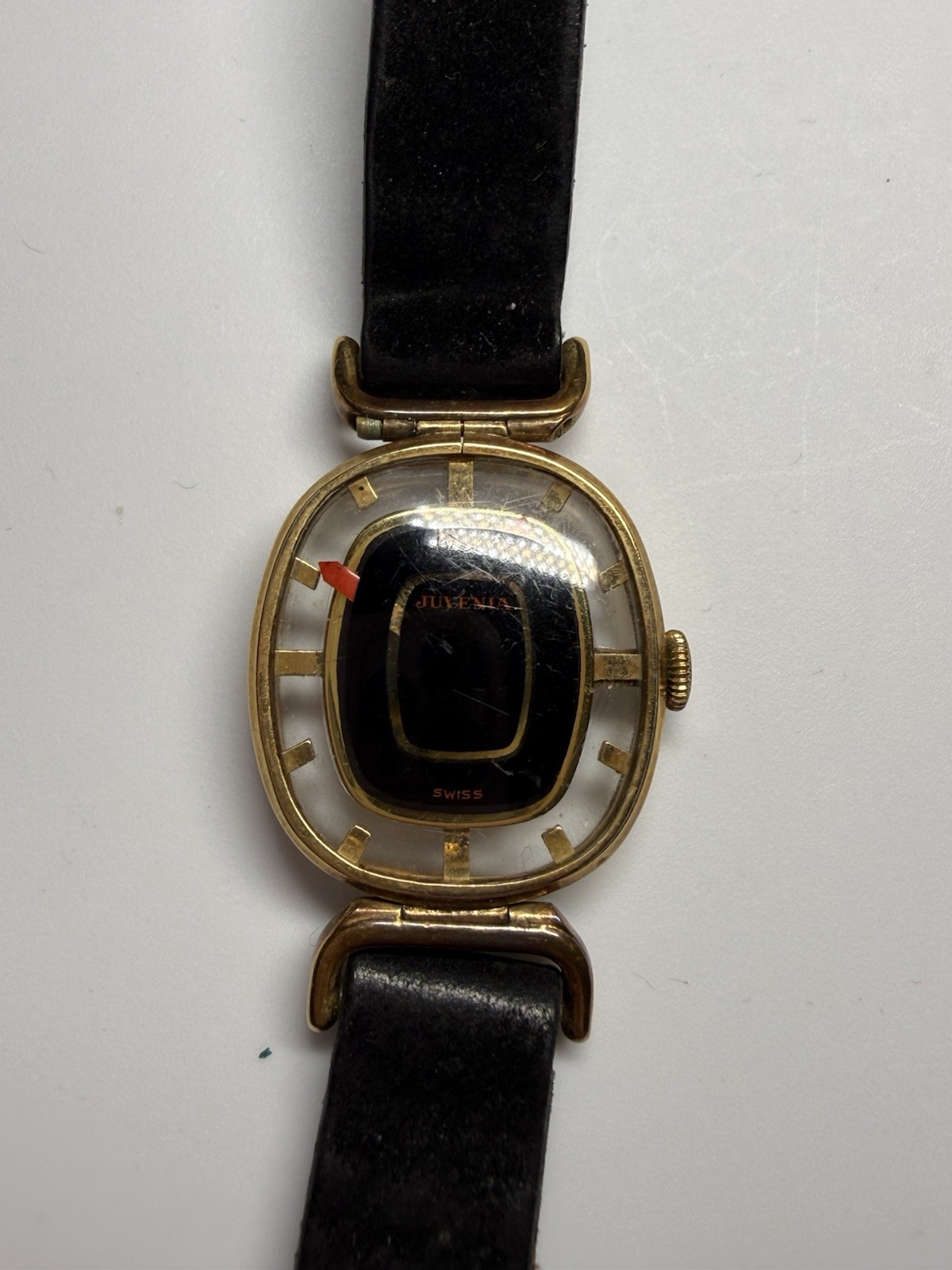 Juvenia Swiss Black Leather Watch Costume Jewelry