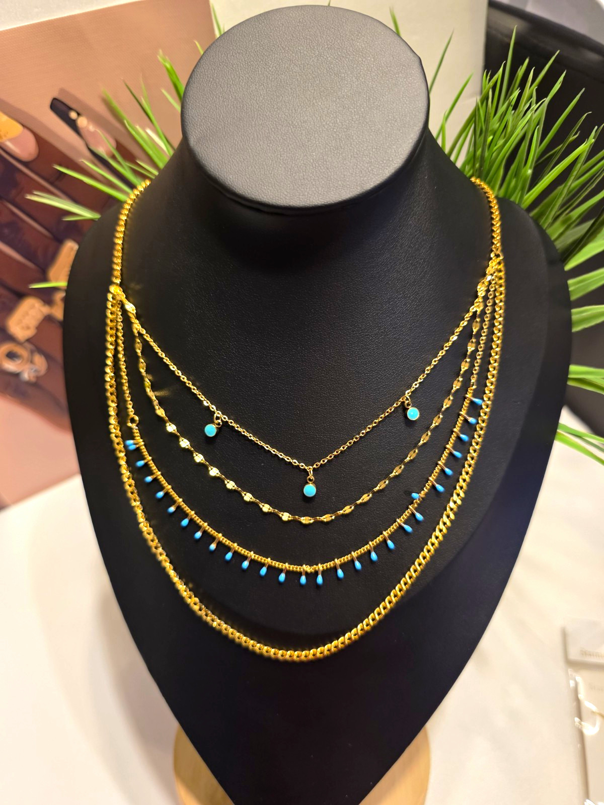 Gold Tone Layered Cable Chain Necklace with Blue Accents, Lobster Closure