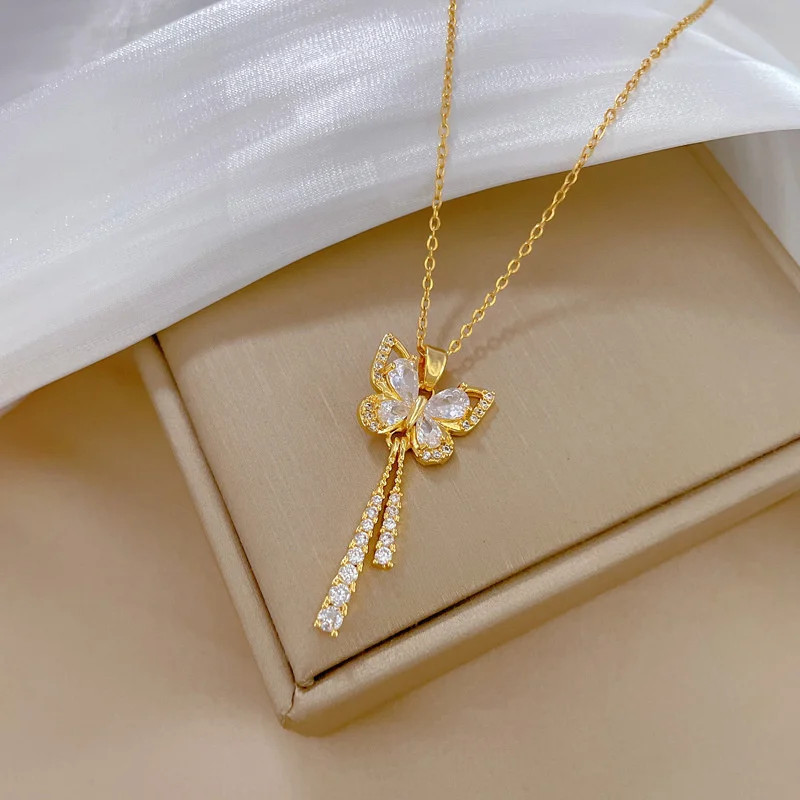 Butterfly Flower Clavicle Necklace Women Stainless Steel Zircon Tassel