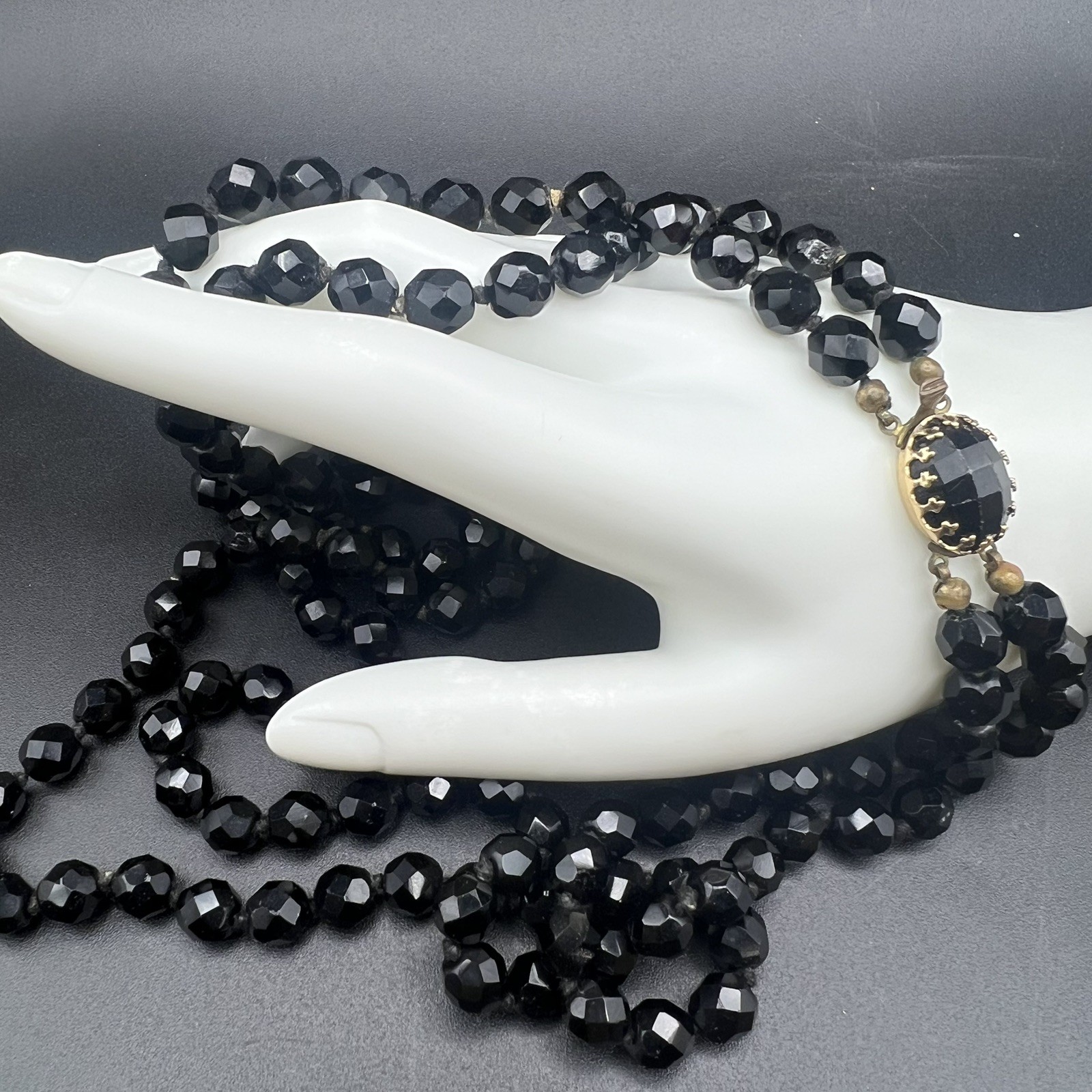 Vintage Faceted Jet Black Glass Double Strand Beaded Necklace Made in Austria