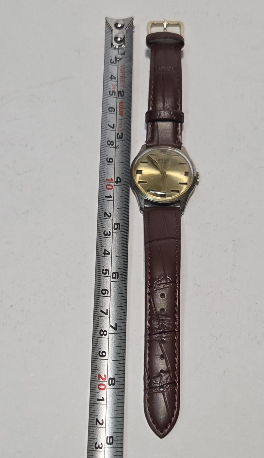 Vintage mid-century retro ROSS Swiss made 17J gents watch gold tone brown strap