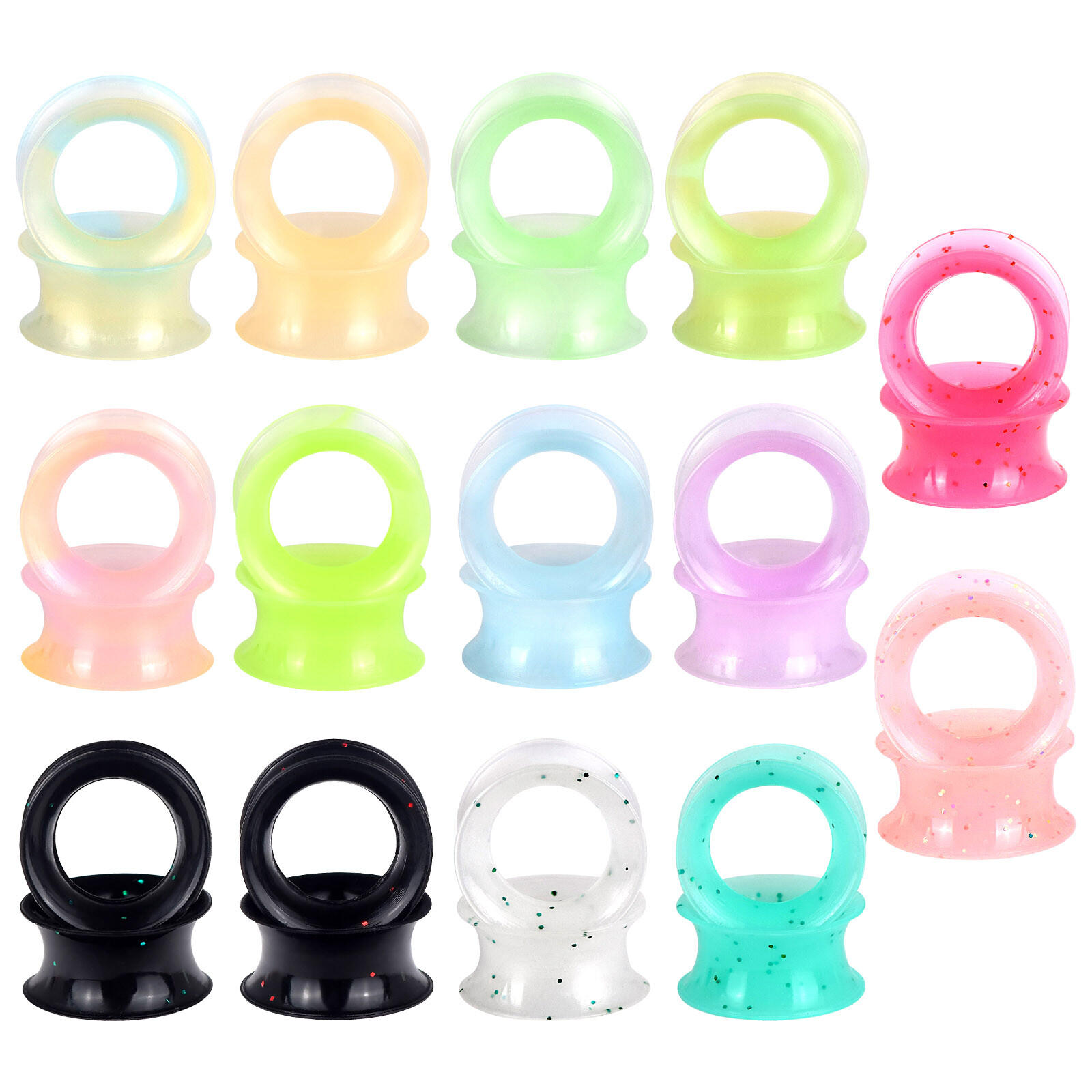 Pair of Thin Flexible Silicone Ear Skins Glow in the Dark/Glitter Flesh Tunnels