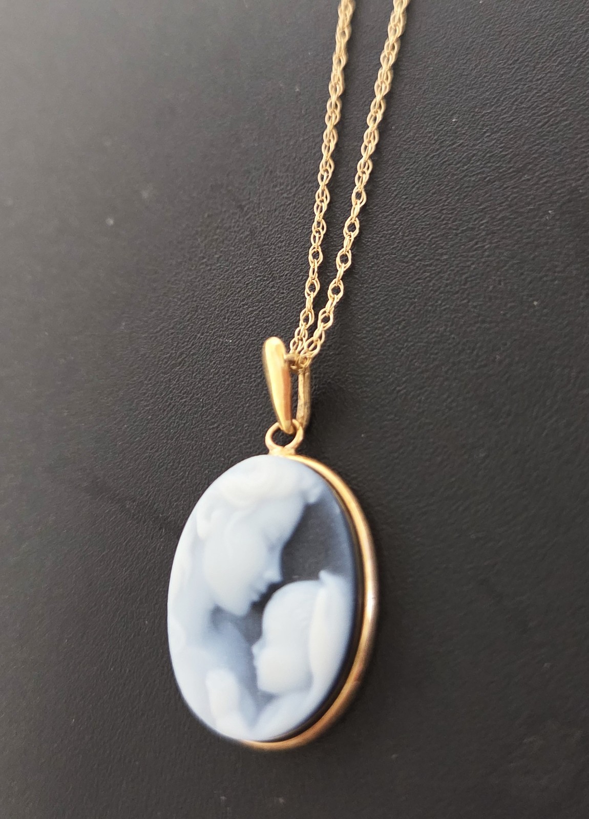 10k Gold Mother Child Blue Oval Cameo Pendant 18″ Necklace Heaven’s Gift Baby