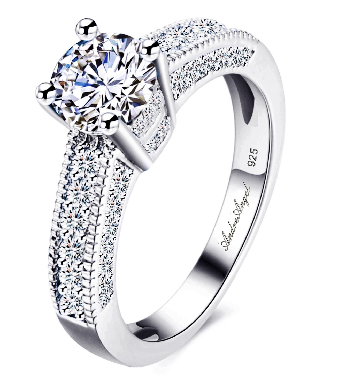 Solid Silver 925 Wedding Engagement Ring Round Cut Cubic Zirconia Stones 5A+