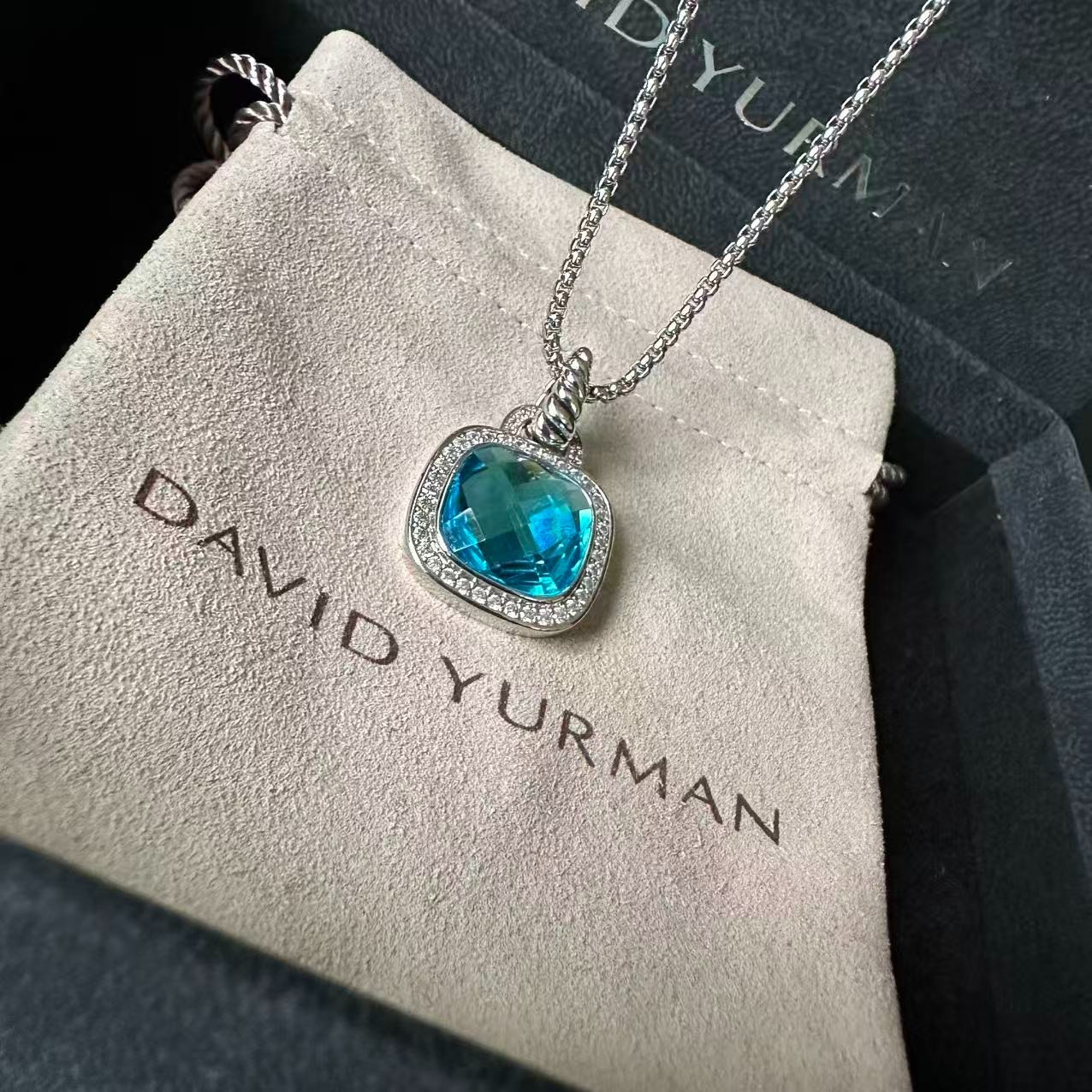 David Yurman Petite Albion Pendant Necklace 925 Silver W Blue Topaz Length 22″