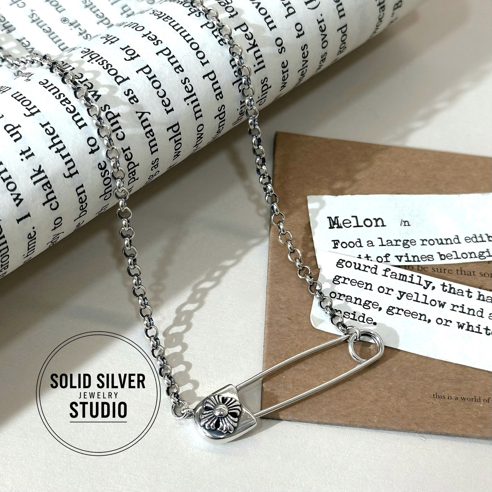 S925 Sterling Silver Safety Pin Necklace Cross Flower Pendant 18″ Rolo Chain