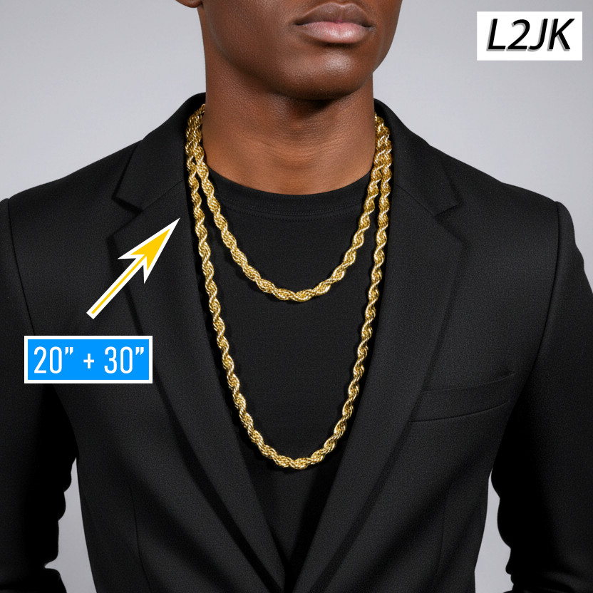 Rope Chain Necklace 10mm 20″ + 30″ Set 14k Gold Plated Men’s Hip Hop Jewelry