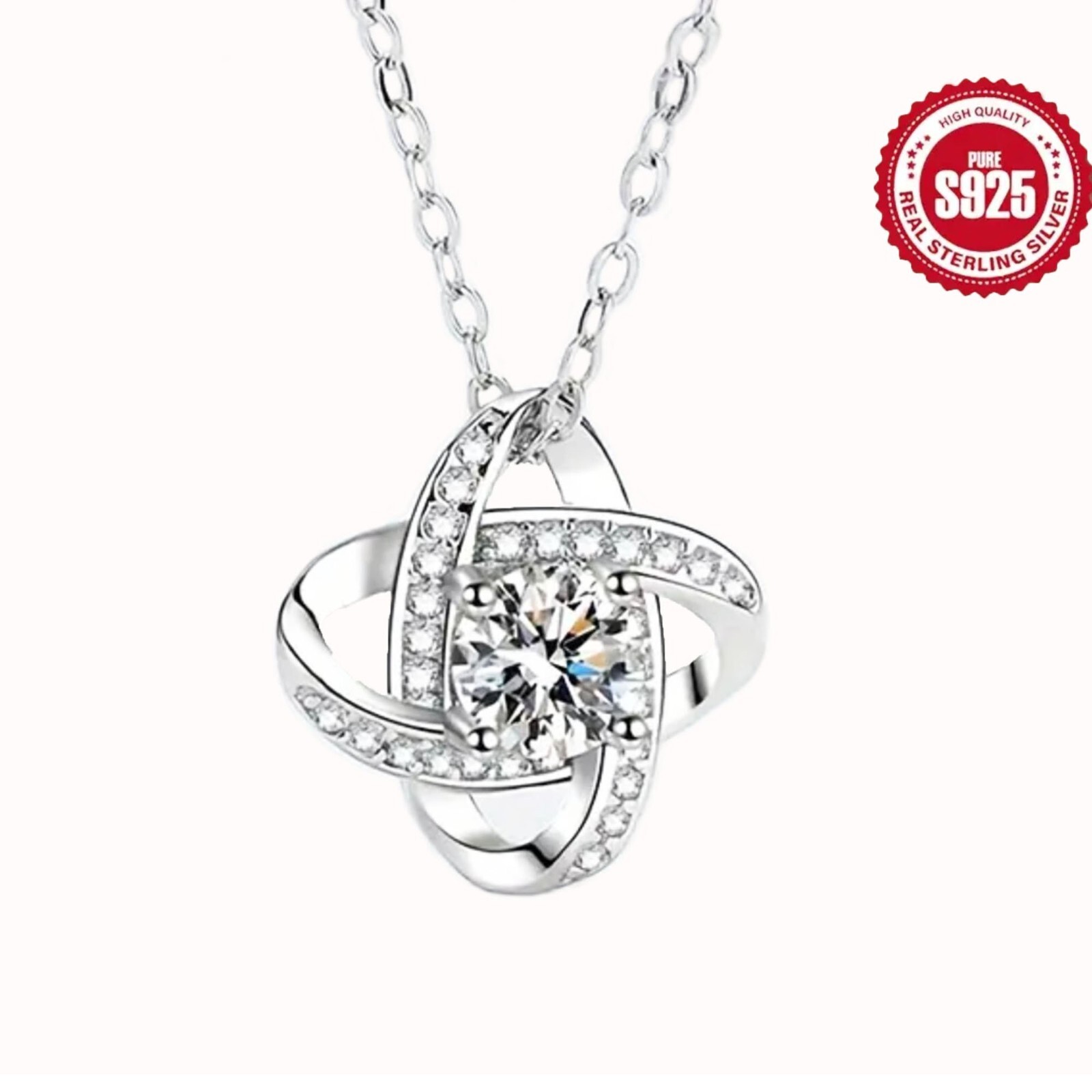Love Knot Moissanite Elegant Design Fashion Pendant 925 Sterling Silver Necklace