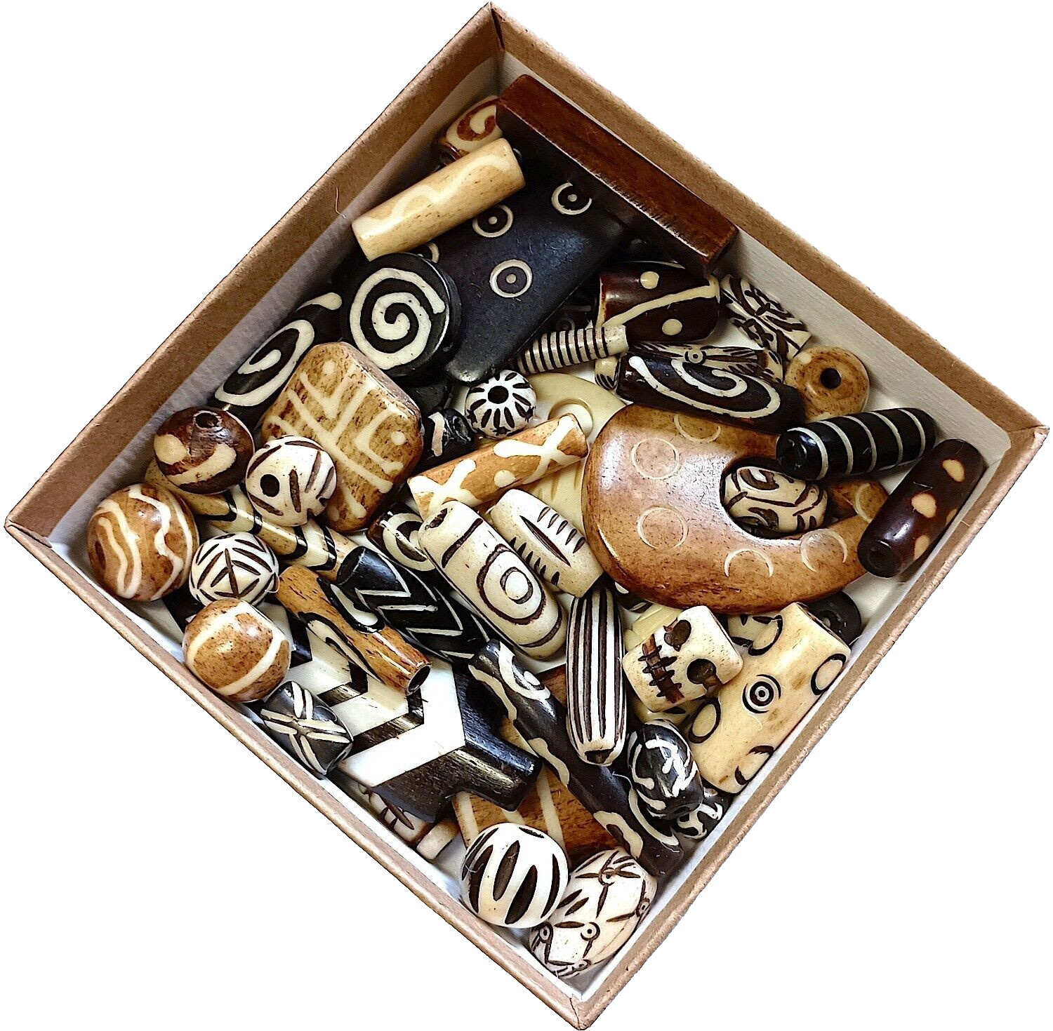 Buffalo Bone Beads, Asst, Hoarded High Grade, 44 Pcs, Pendants, Tubes, Spacers