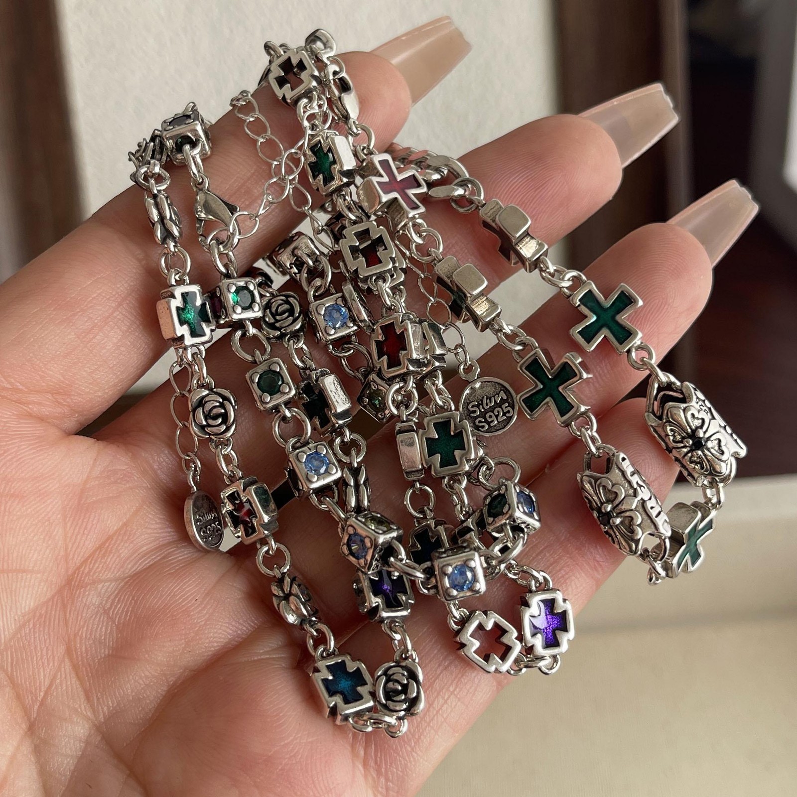 Solid 925 Sterling Silver Retro Cross Bracelet Vintage CZ Handmade Unisex Gift