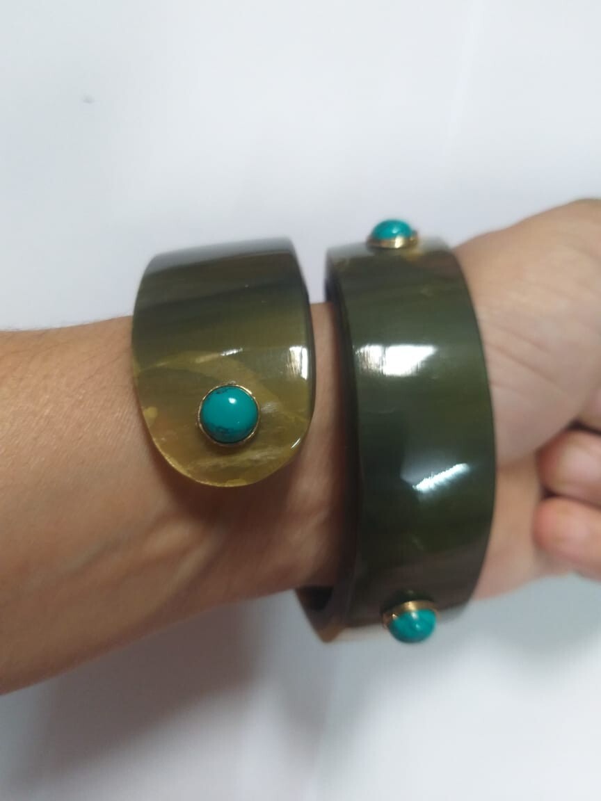 Natural Buffalo Horn Cuff Bangle With Turquoise Jewelry Handcraft Curly Bracelet