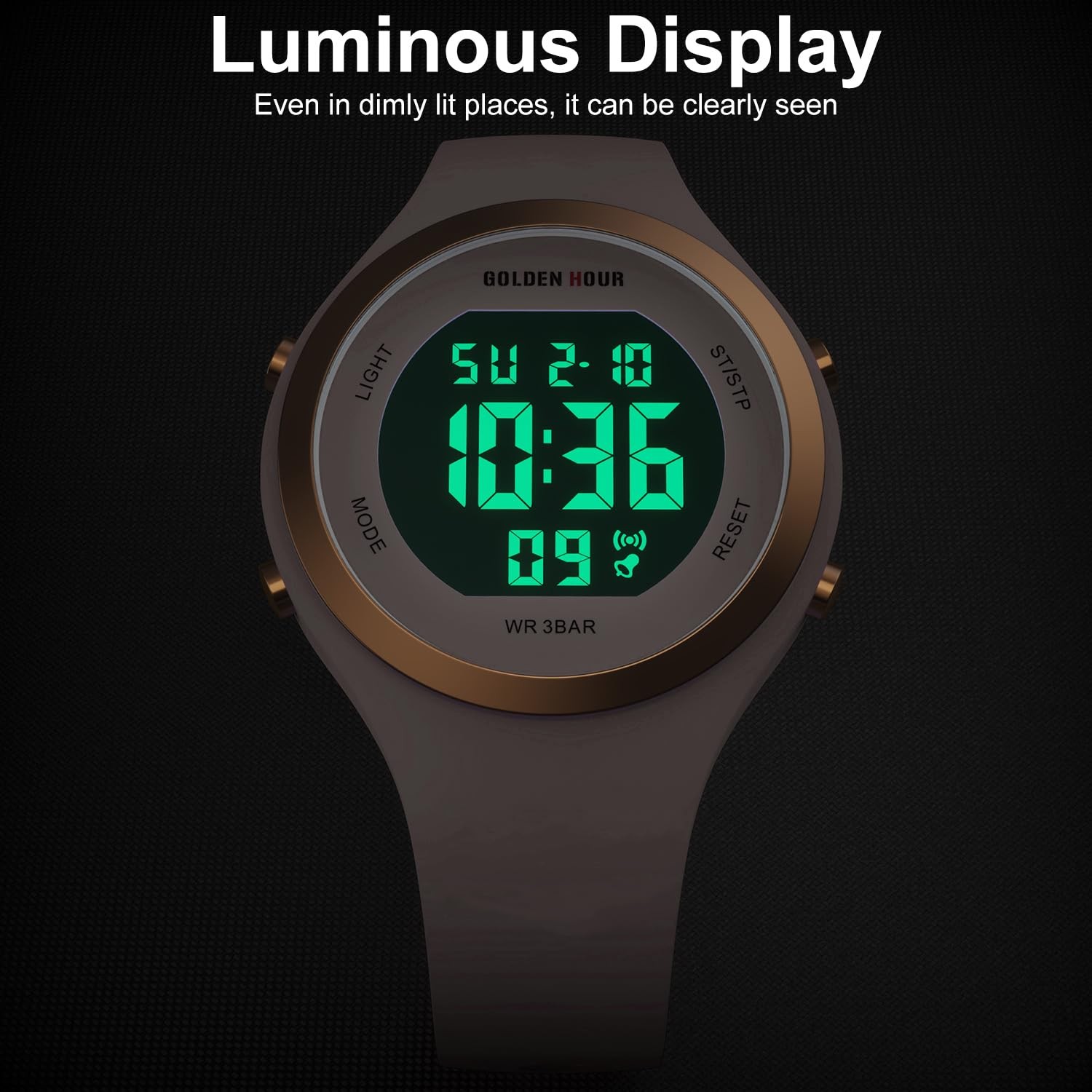 Digital Chronograph Watch Women 38mm Rose Gold Waterproof Silicone Strap Alarm