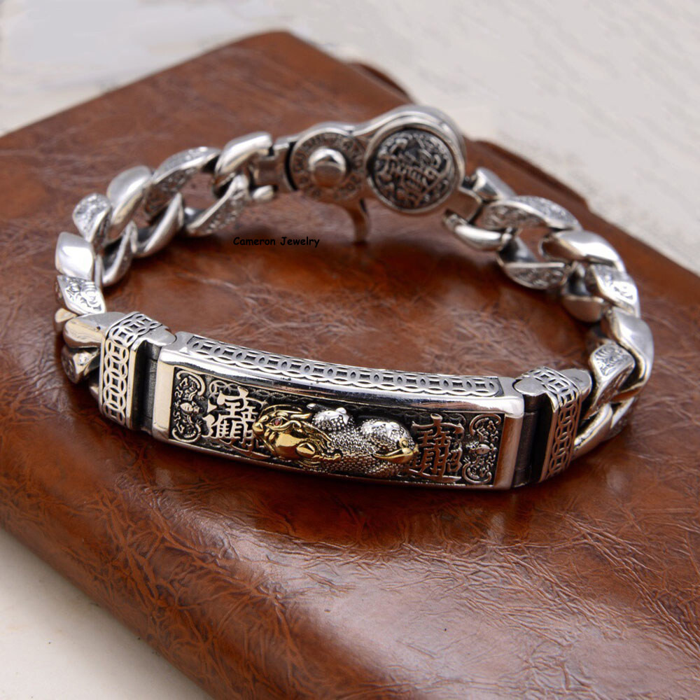 Solid S925 Sterling Silver Bracelet 11mm Wealth Pixiu Curb Link Chain 7-9in