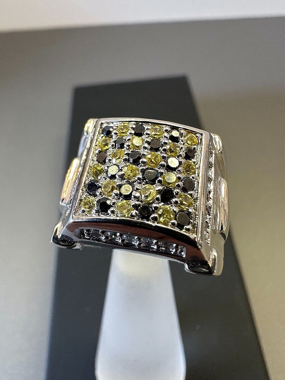 14K GOLD OVER 925 STERLING SILVER MEN BIG RING BLACK YELLOW WHITE CZ STONES sz 9