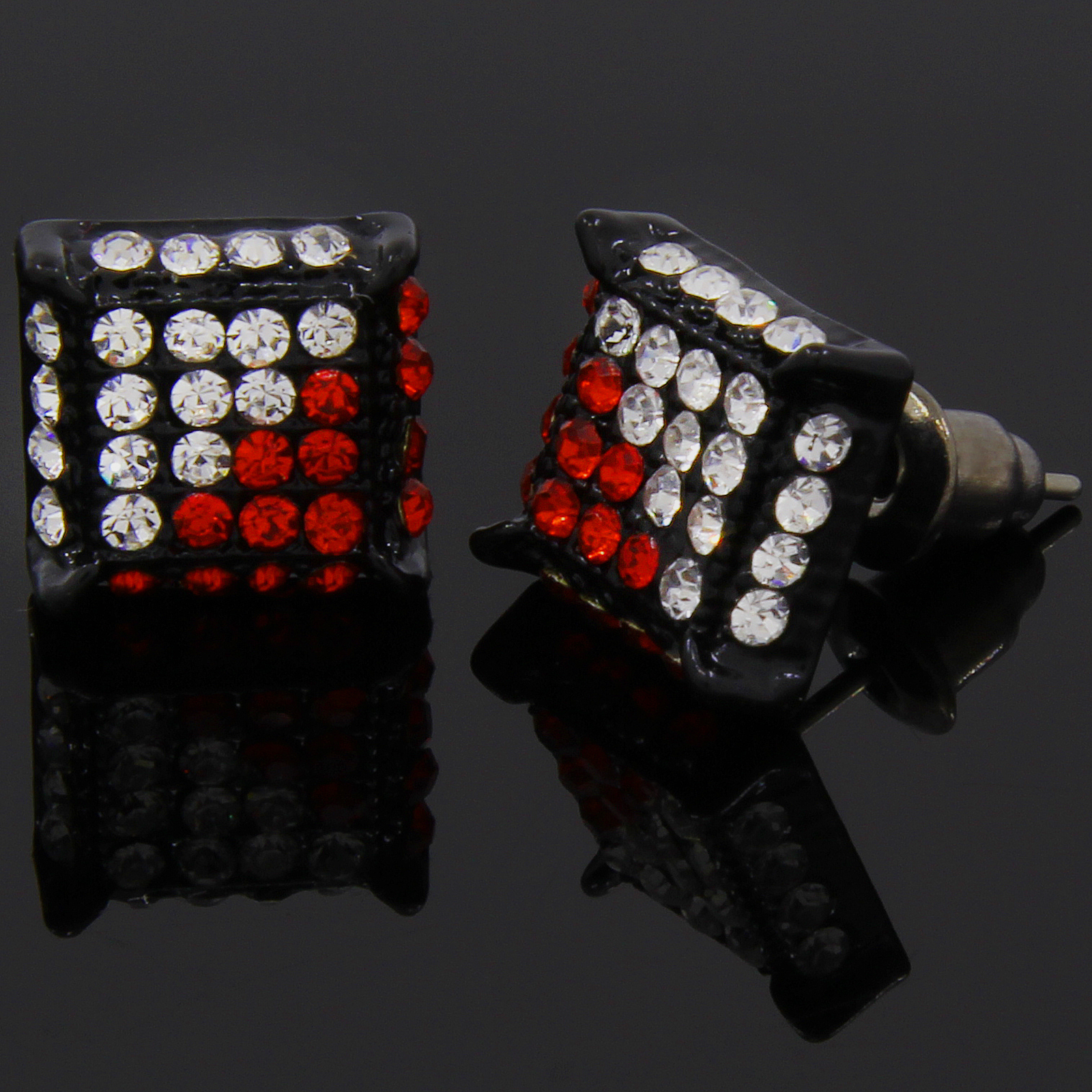 Mens Black Red Cubic-Zirconia Cube Hip Hop Micro Pave Stud Earrings